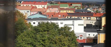 A view of a residential area with various buildings, including houses and a commercial structure with solar panels.