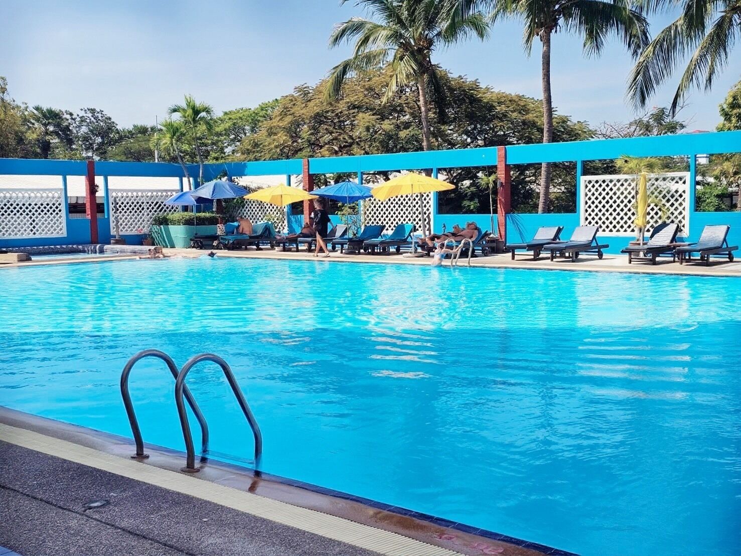 Una piscina con sillas de descanso y sombrillas, rodeada de palmeras y una valla azul.