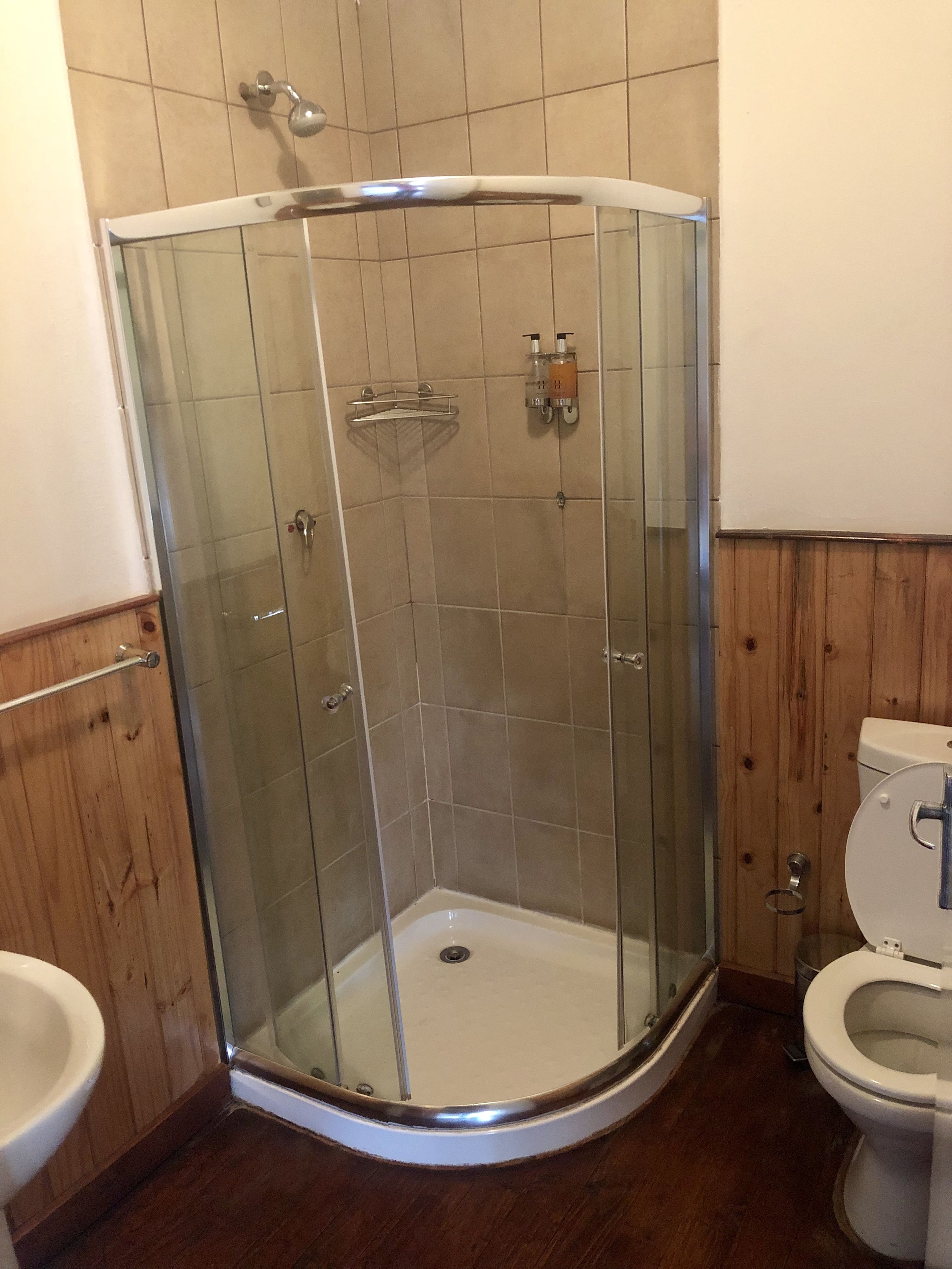 Una dutxa d'angle amb portes de vidre, terra de fusta i un vàter.