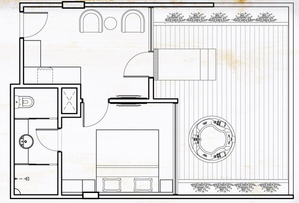 A floor plan with a kitchen, dining area, two bedrooms, a bathroom, and a circular outdoor area. - Hotel Ponta Verde Praia do Francês (Marechal Deodoro)