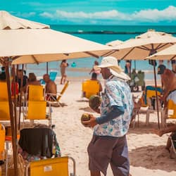 On the beach, sun-loungers, beach umbrellas, beach towels