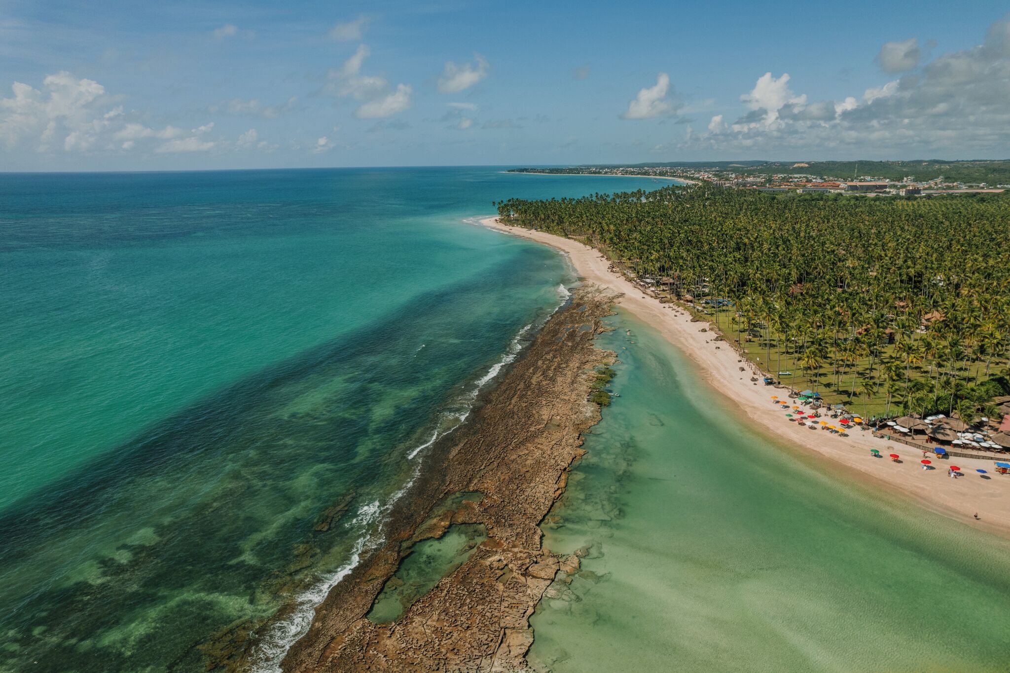 An aerial view of a beach with clear turquoise waters, a sandy shore, and a dense line of palm trees.