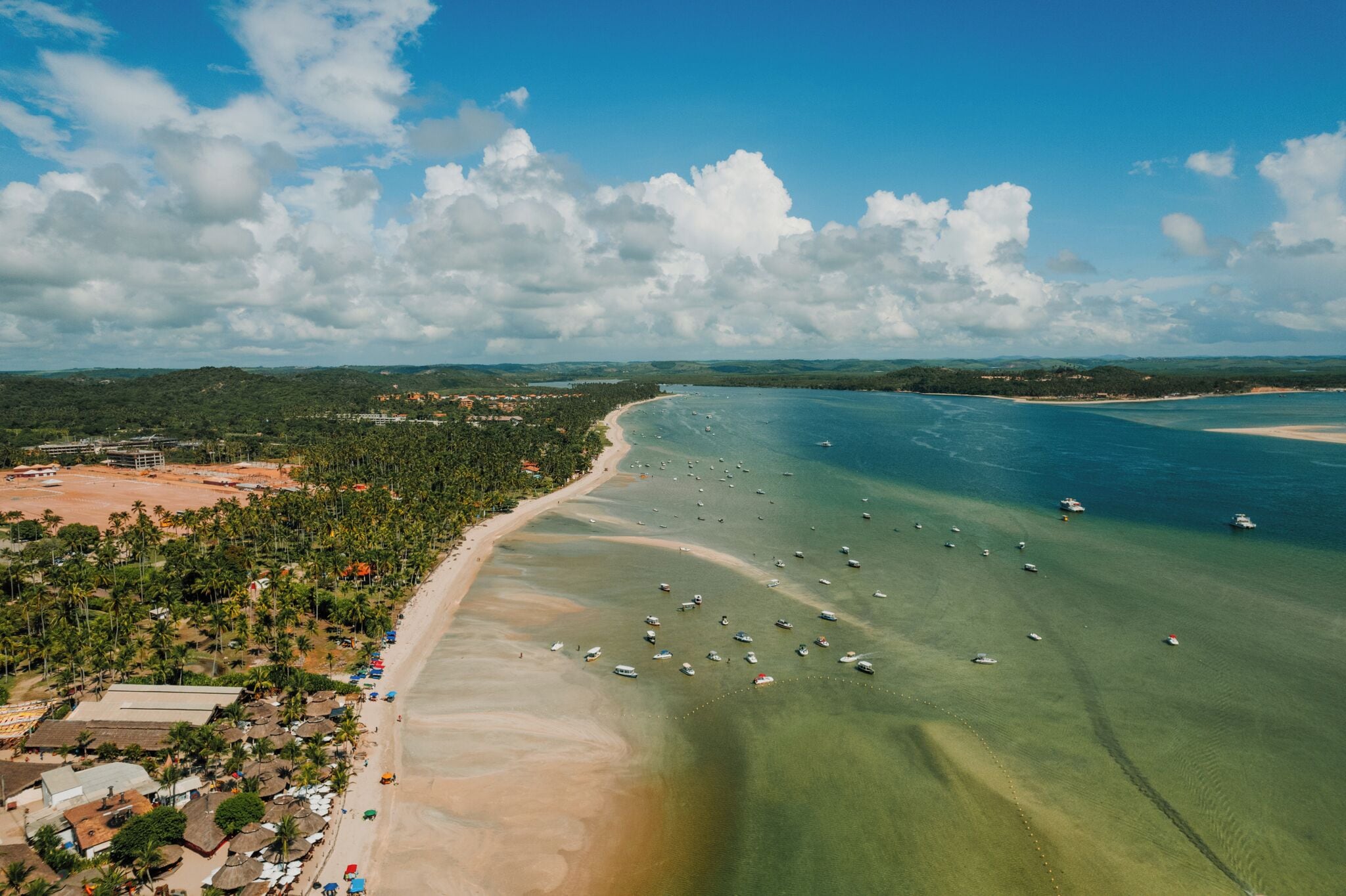 Vista aérea de una zona costera con playa, barcos y un área boscosa.