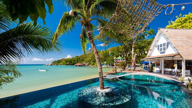 A pool with a palm tree, a thatched-roof building, and a clear blue sea. - Fisherman Koh Tao (Koh Tao)