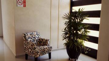 A corner of a room with a patterned armchair, a potted plant, and a no-smoking sign on the wall.