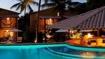 Outdoor pool, pool umbrellas, pool loungers