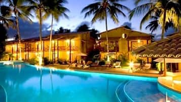 Outdoor pool, pool umbrellas, pool loungers