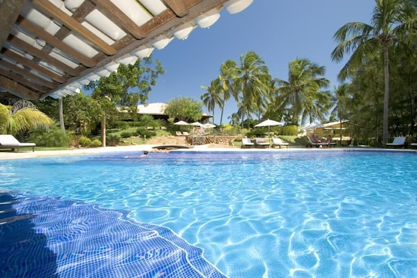 Kolam renang outdoor, dengan payung kolam renang dan kursi berjemur