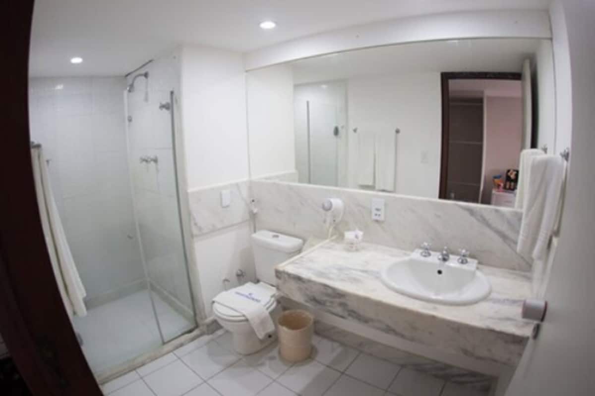 combined shower/bathtub, free toiletries, hair dryer, towels