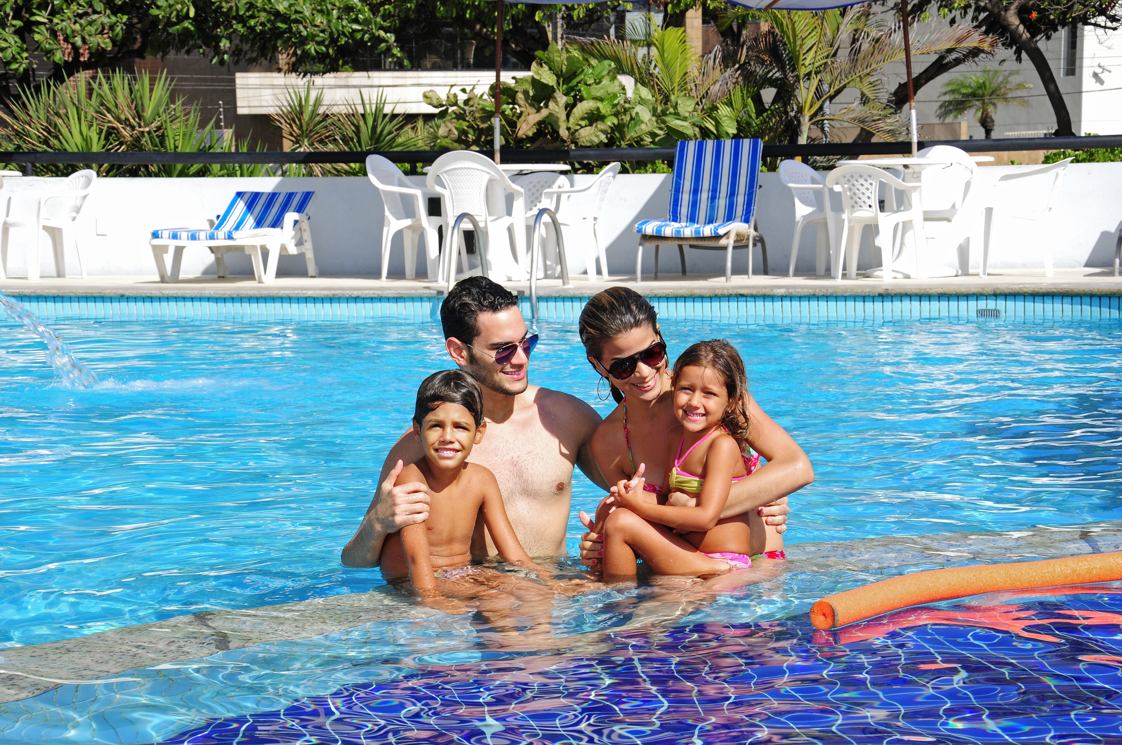 outdoor pool, pool umbrellas, pool loungers