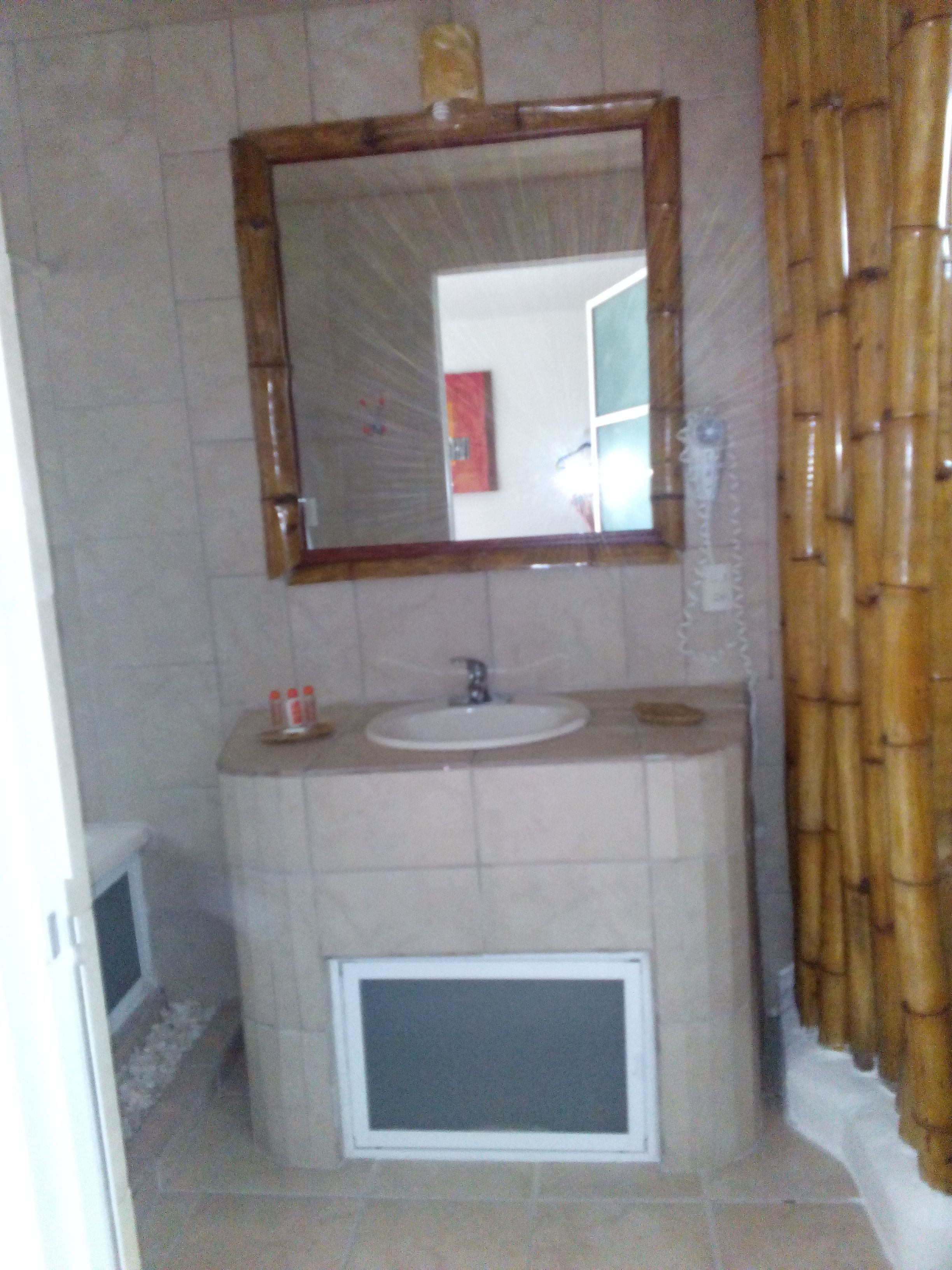 A bathroom with a sink, mirror, and shower curtain.