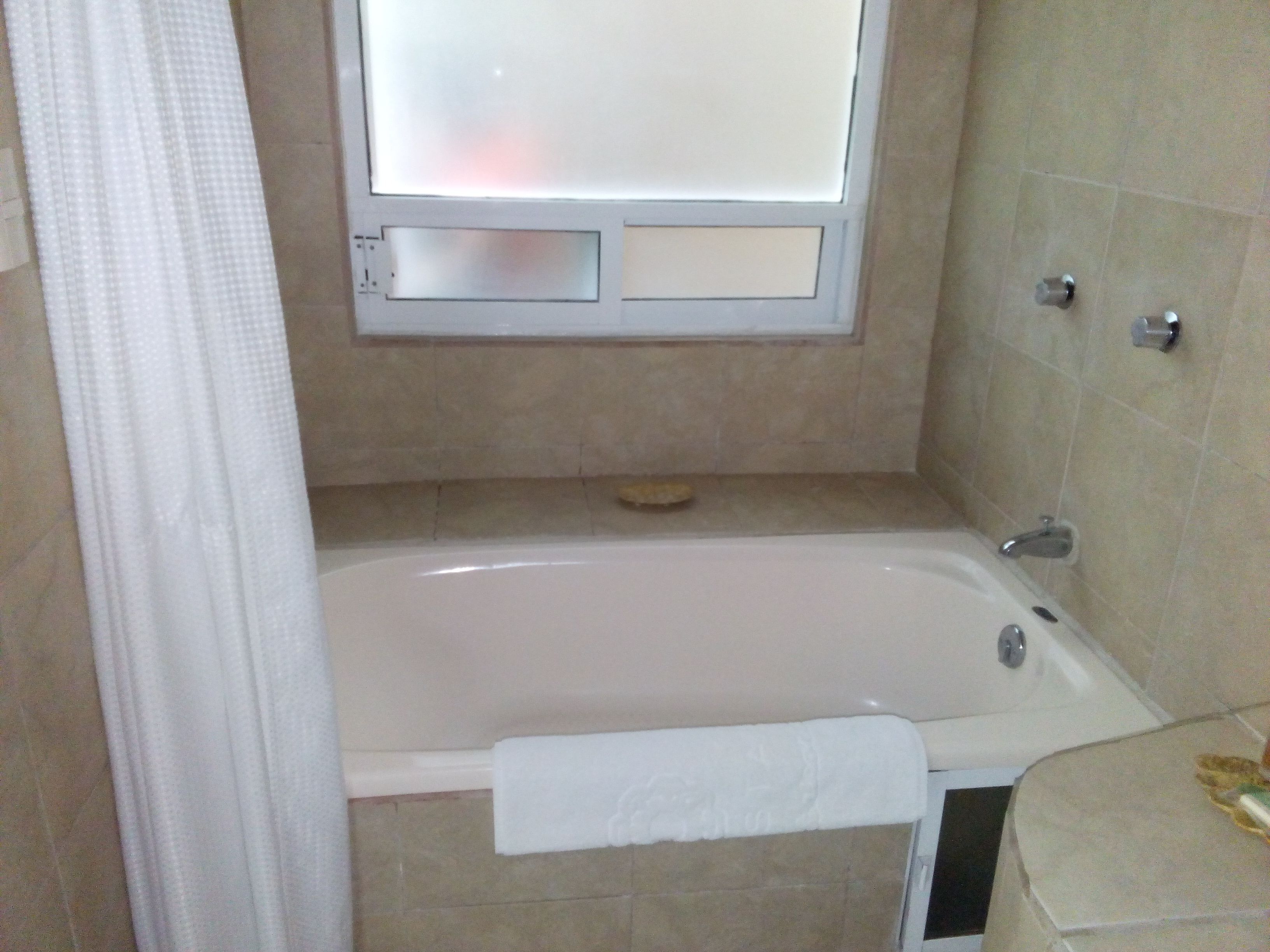 Une salle de bain avec une baignoire, une douche et des toilettes.