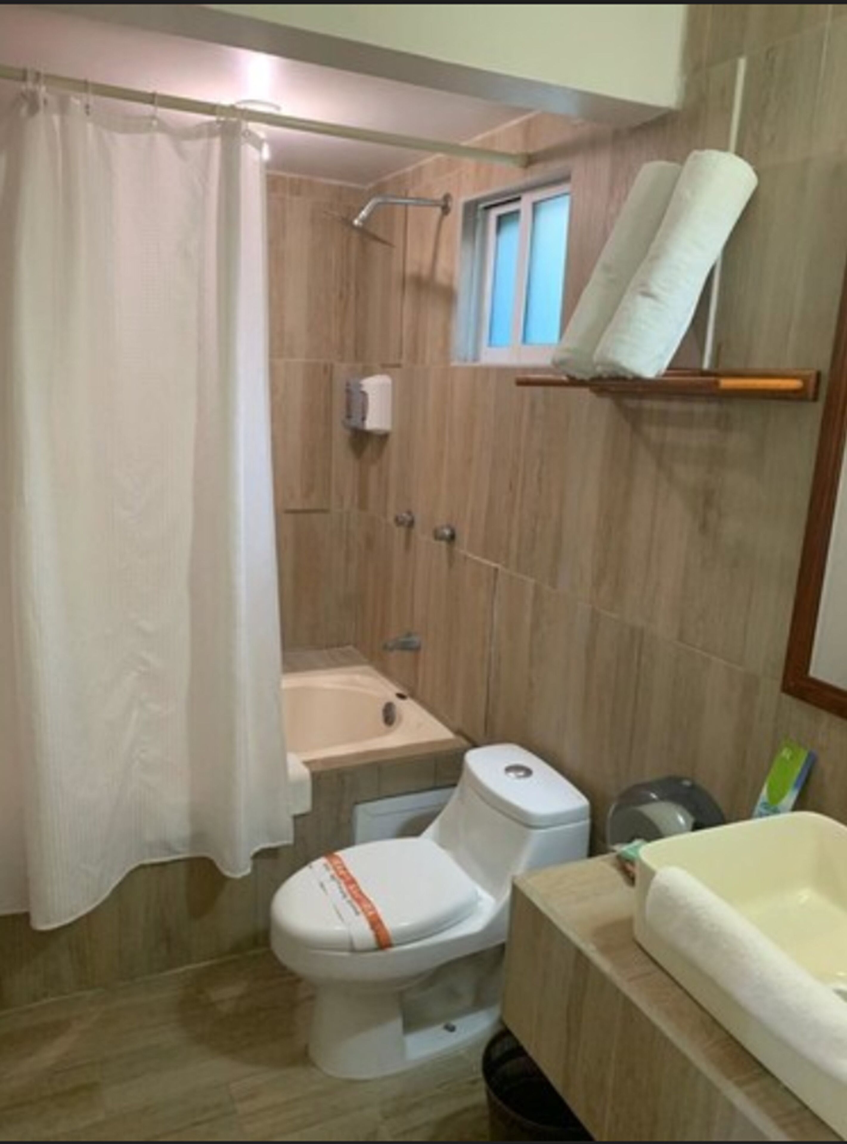 A bathroom with a shower, toilet, and bathtub.