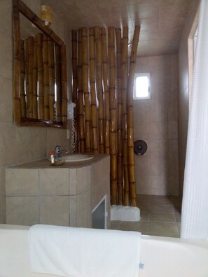Habitación | Baño | Ducha y bañera combinadas, secador de pelo, toallas y jabón