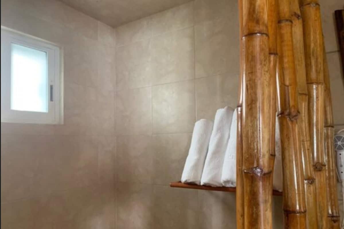 Duş/küvet kombinasyonu, saç kurutma makinesi, havlu, sabun