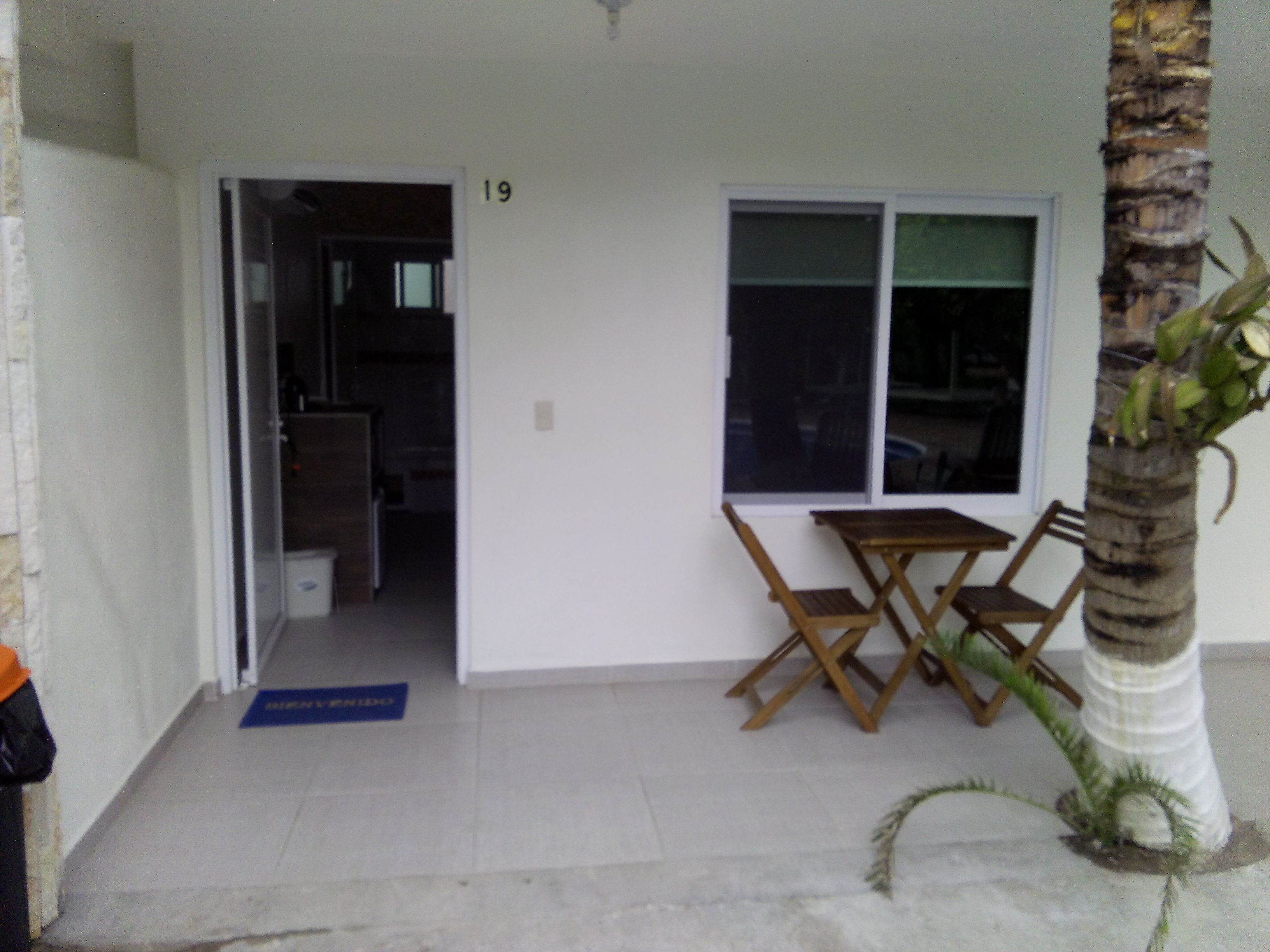 A room with a door marked '19', a small table with chairs, and a potted palm tree.