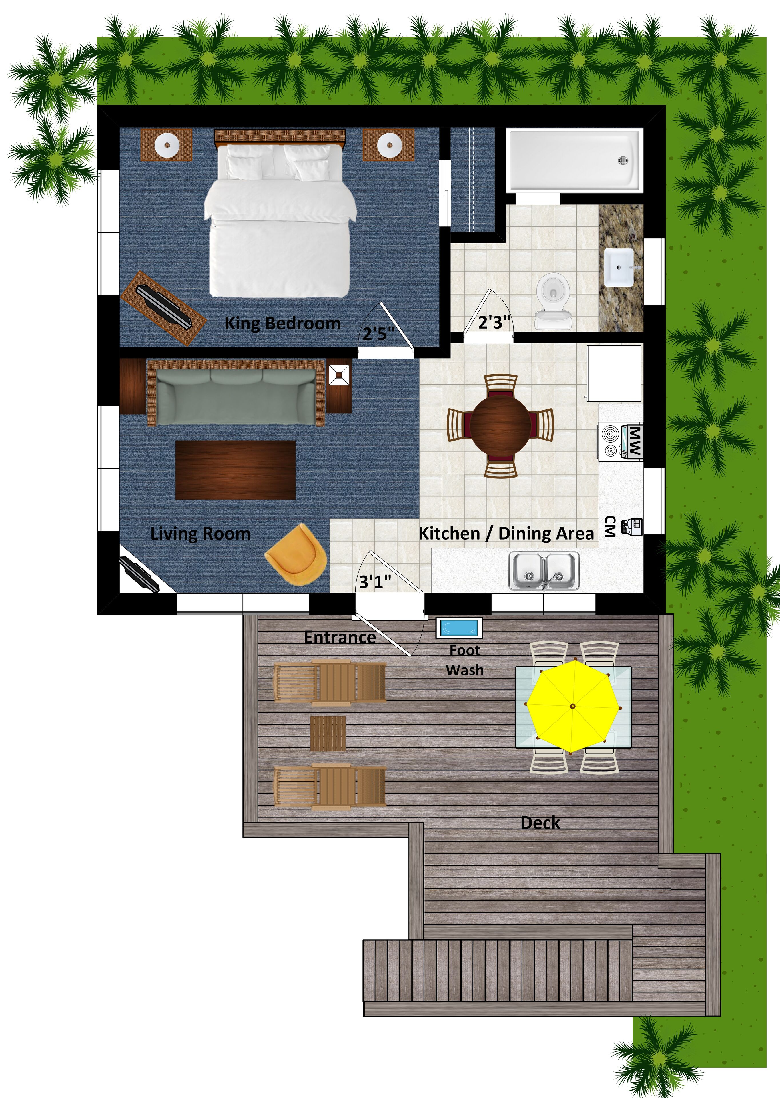 A hotel layout with a king bedroom, living room, kitchen/dining area, foot wash, deck, and entrance.