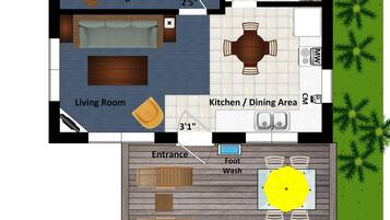 A hotel layout with a king bedroom, living room, kitchen/dining area, foot wash, deck, and entrance.