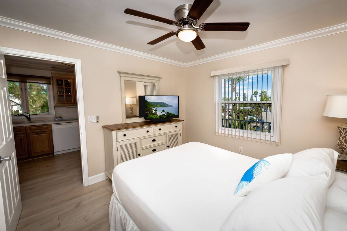 Een slaapkamer met een bed, een plafondventilator, een televisie op een dressoir, een raam met uitzicht op palmbomen, en een keuken op de achtergrond.