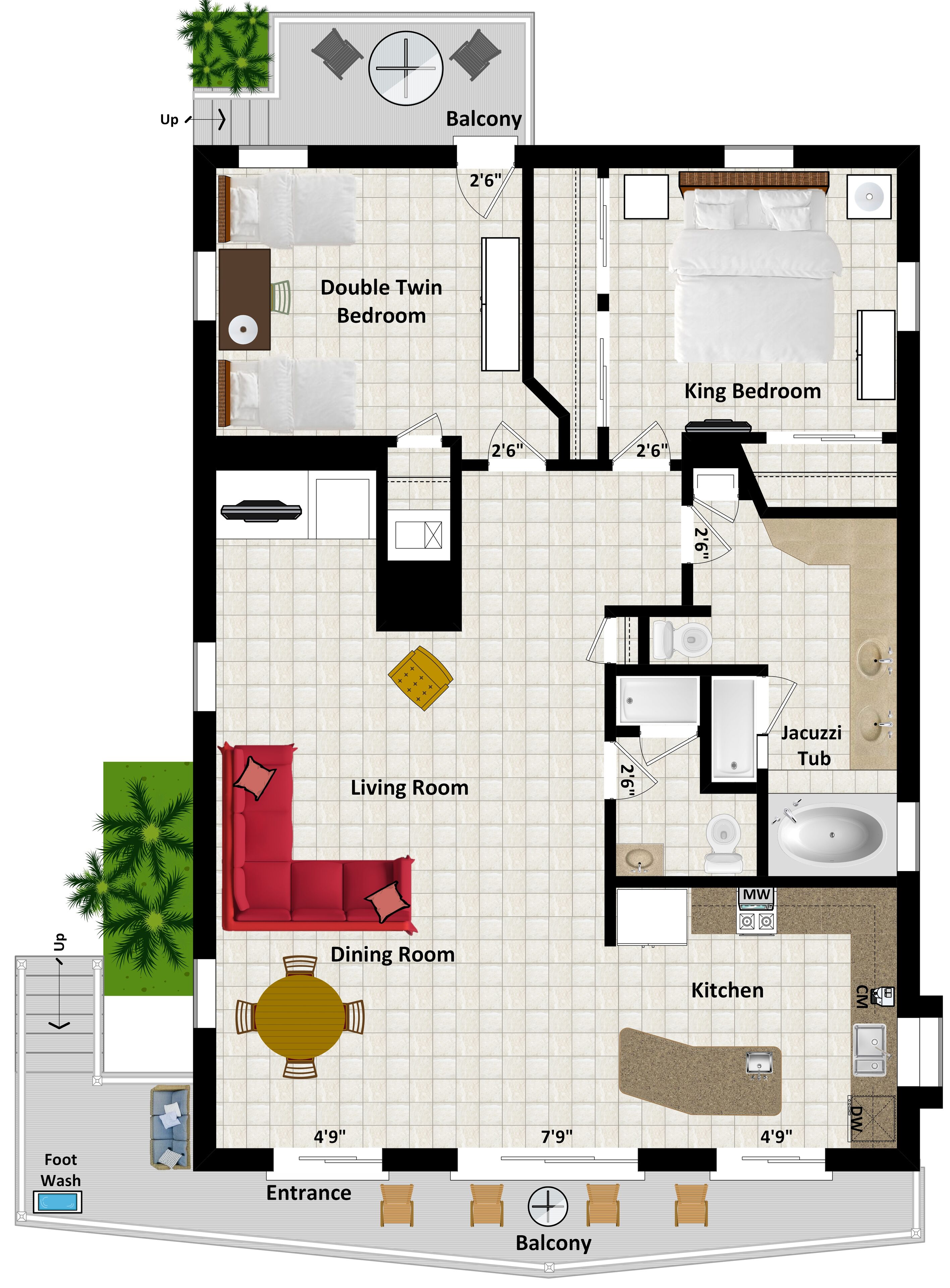 A floor plan of a hotel with a double twin bedroom, king bedroom, living room, dining room, kitchen, and a balcony.
