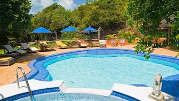 Outdoor pool, pool umbrellas, pool loungers
