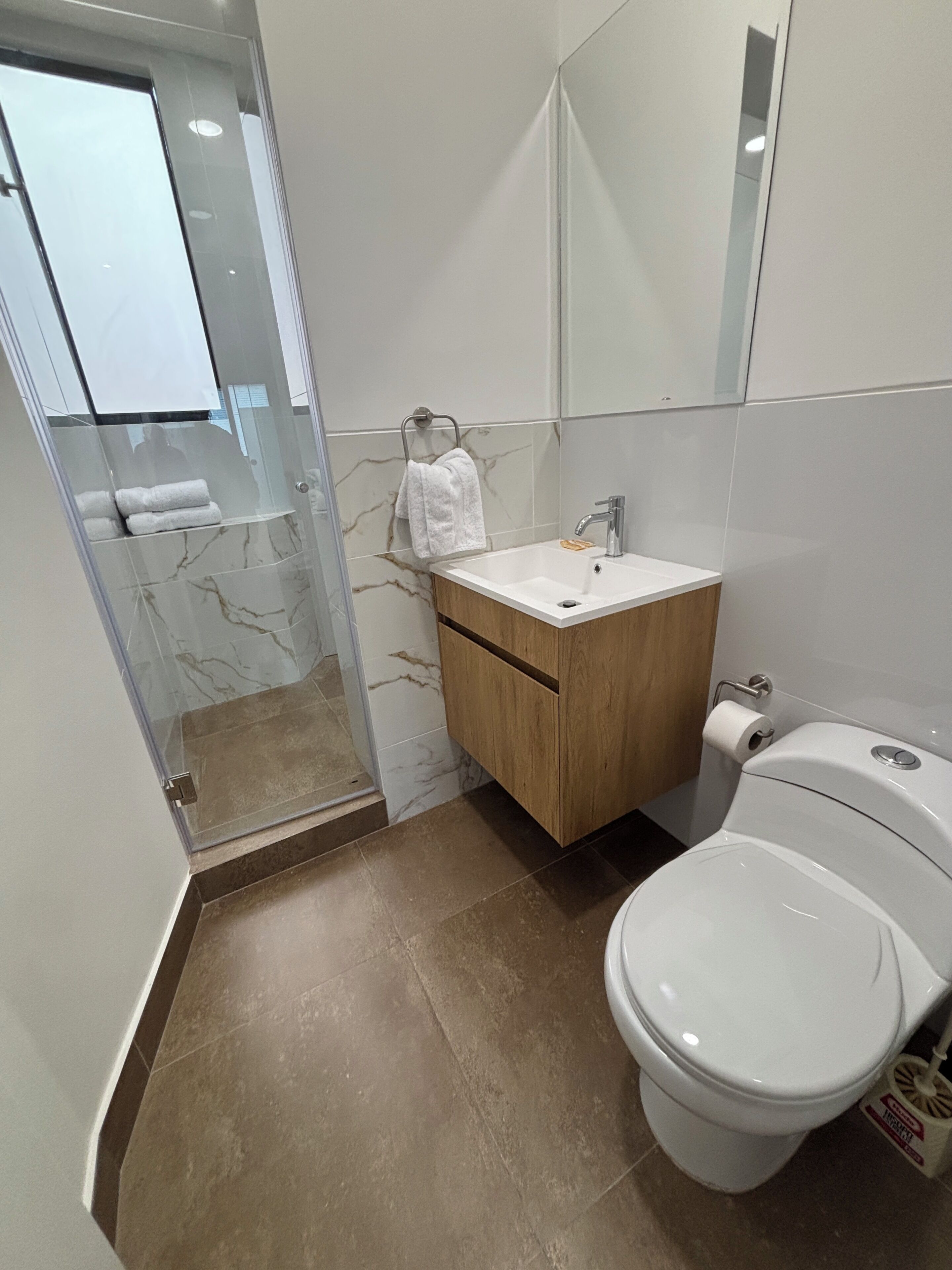 Une salle de bain avec une douche à parois de verre, un meuble-lavabo en bois et des toilettes.