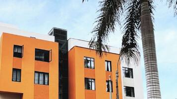 A modern apartment building with orange and white exterior walls, multiple windows, and a palm tree in the foreground.