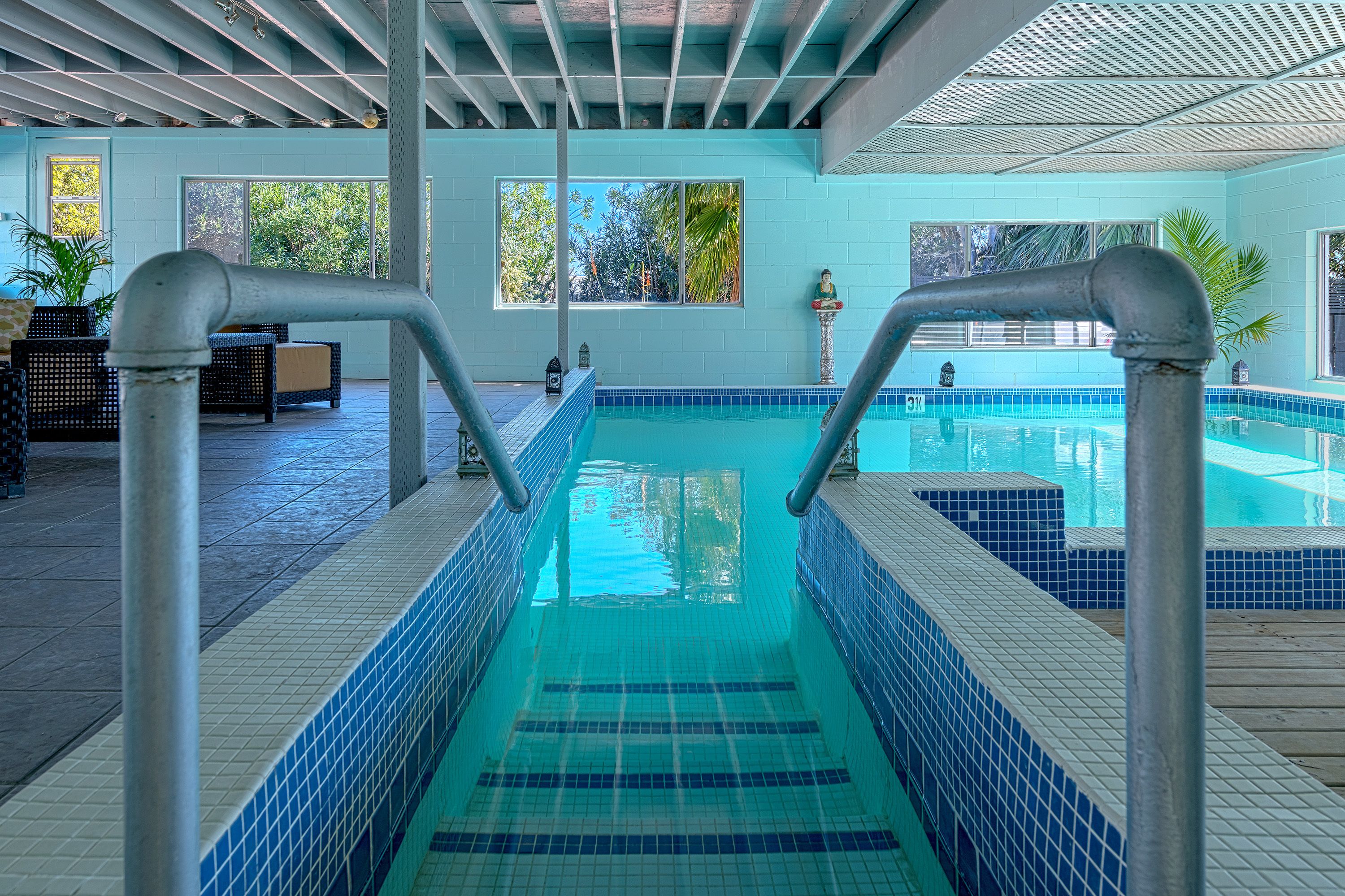 Indoor pool, outdoor pool, sun loungers