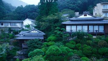 Traditional Japanese houses surrounded by lush greenery and a small pond.
