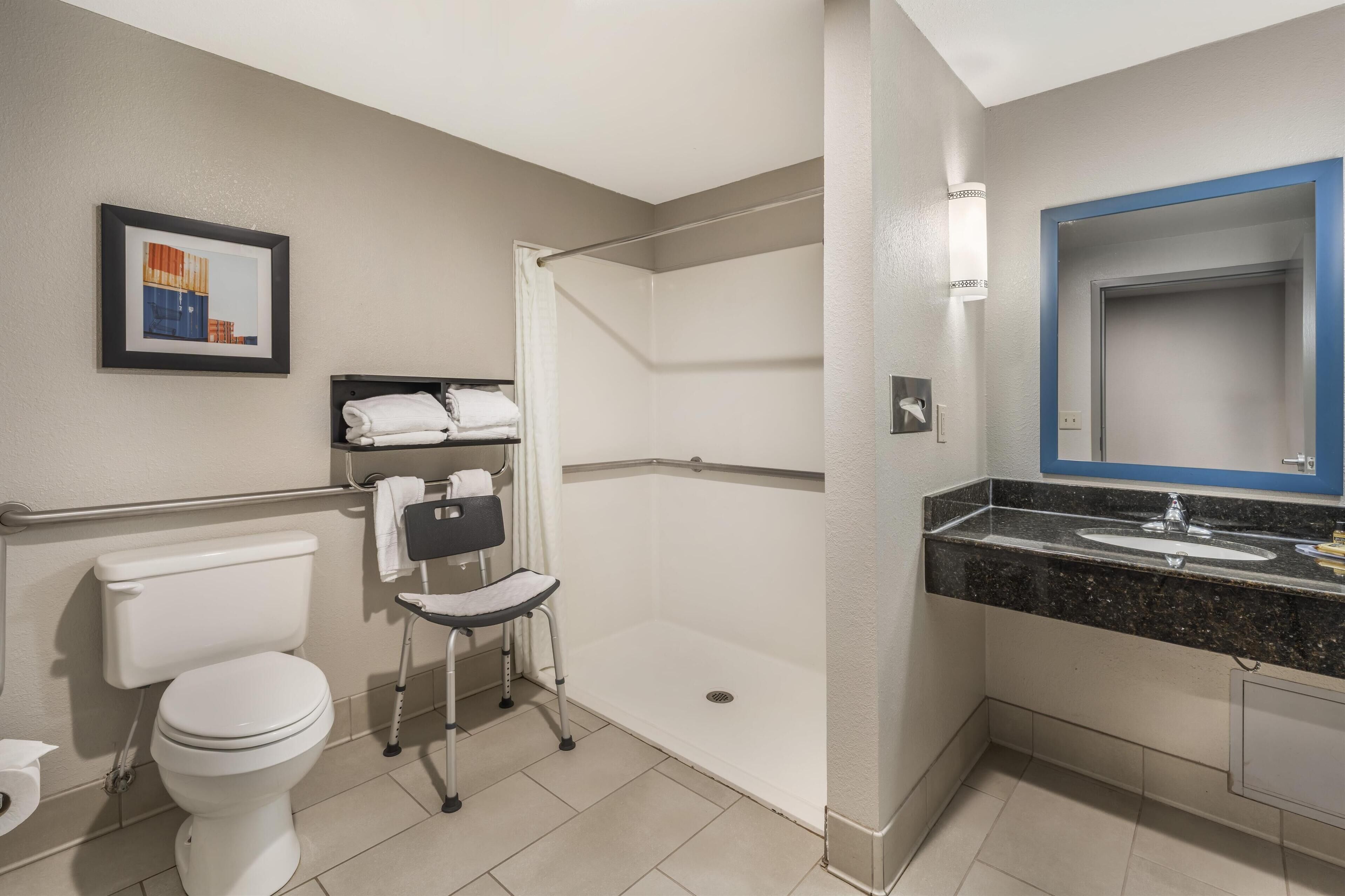 combined shower/bathtub, free toiletries, hair dryer, towels