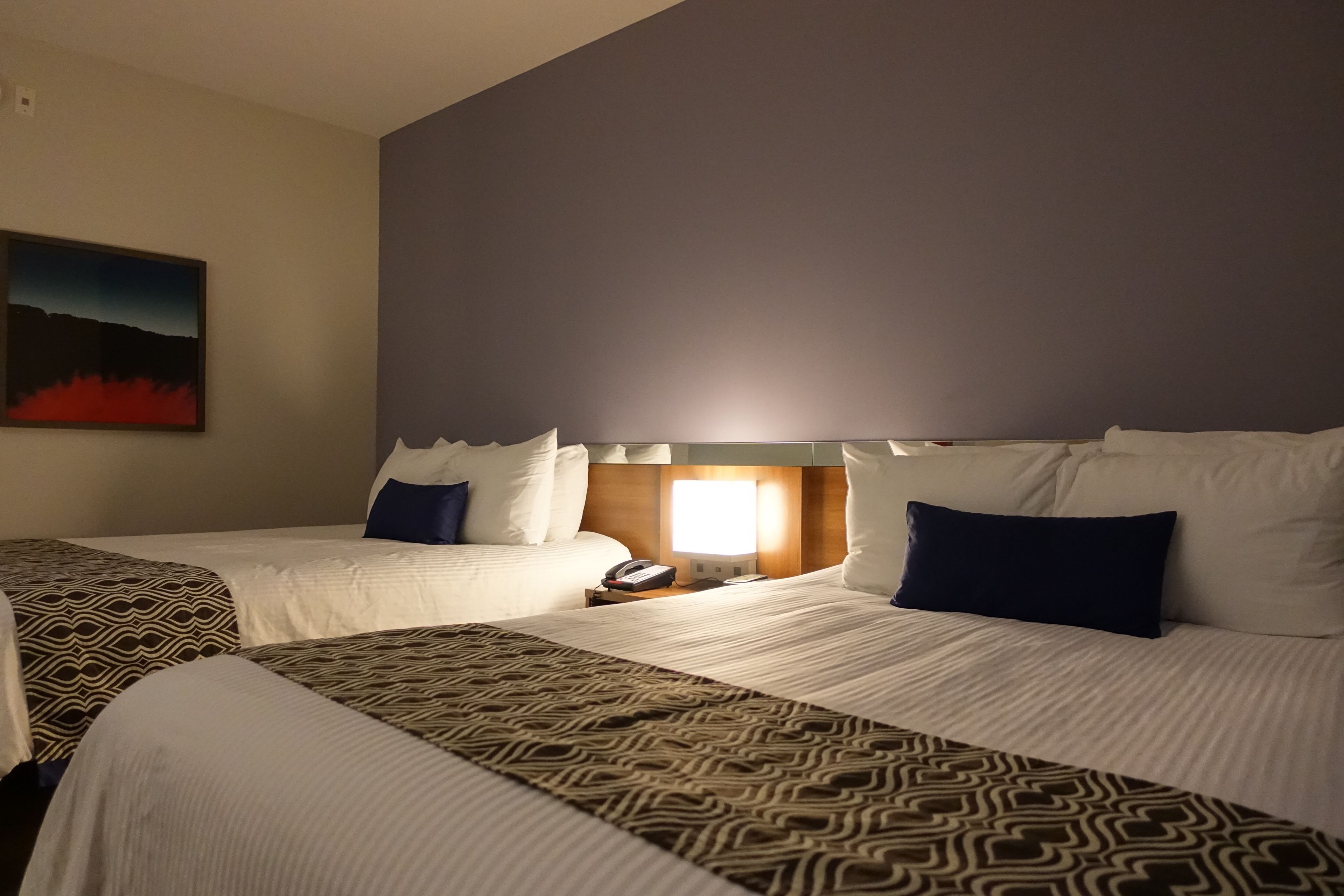 Une chambre d’hôtel avec deux lits, une table de chevet, une lampe et un tableau au mur.