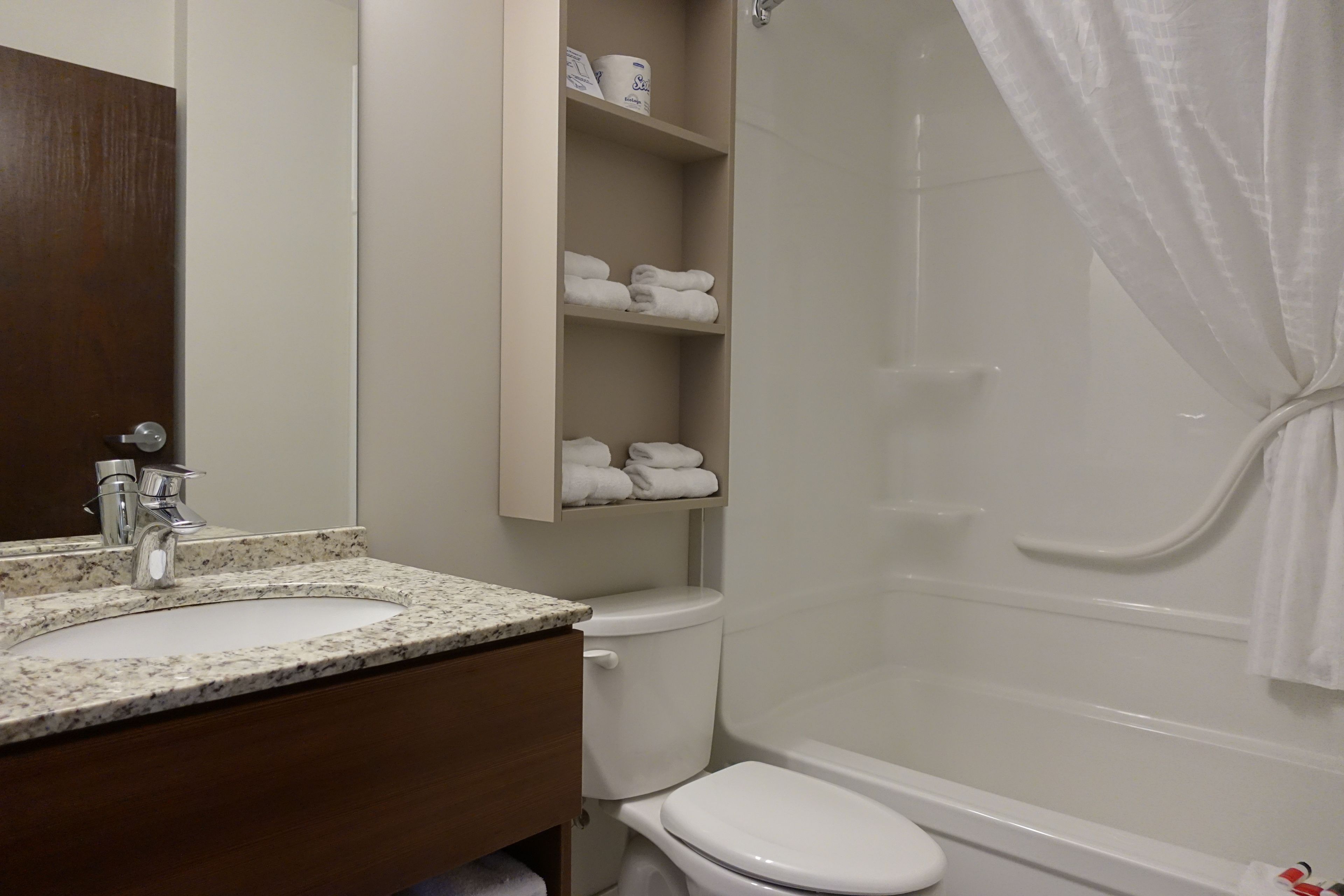 combined shower/bathtub, free toiletries, hair dryer, towels