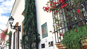 A building with a white facade, a tall green tree, and red flowers on the windowsill. - Billini Hotel, Historic Luxury (Santo Domingo)