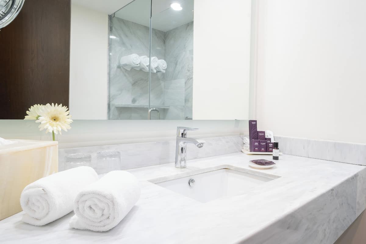 shower, rainfall showerhead, designer toiletries, hair dryer