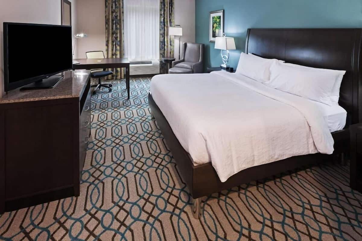 A hotel room with a bed, desk, TV, and a view of the outdoors.