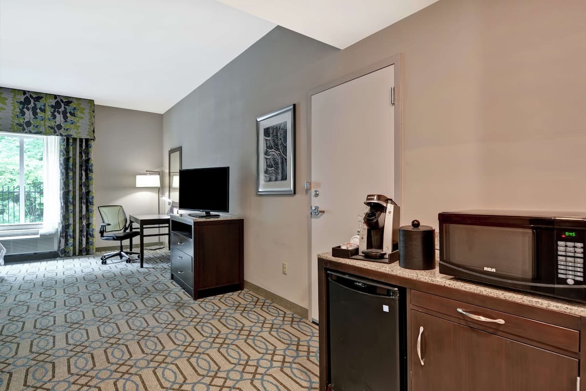 A hotel room with a desk, television, kitchenette, and a patterned carpet.