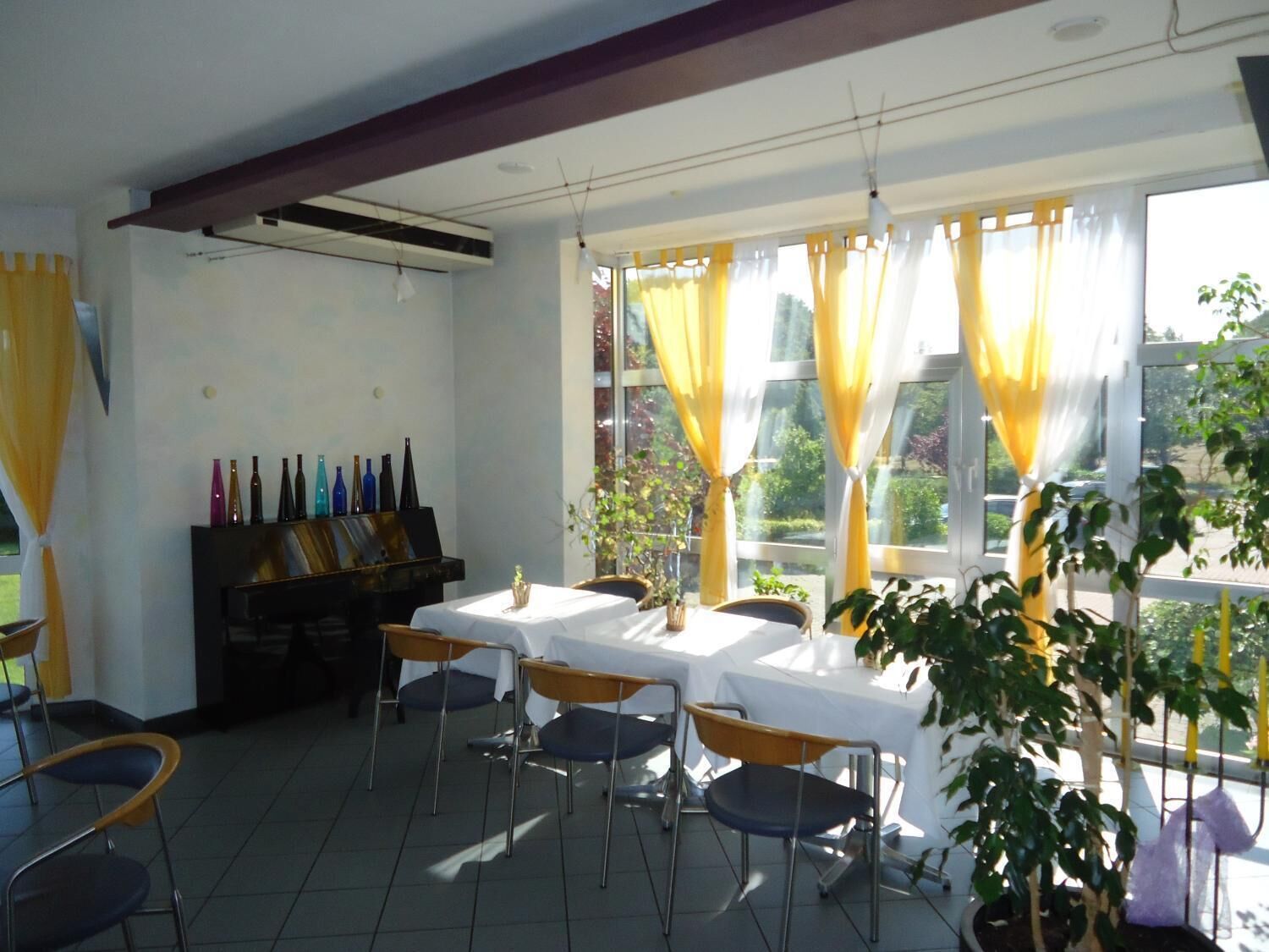 Comedor con mesas y sillas, un piano y vista a zonas verdes al exterior.