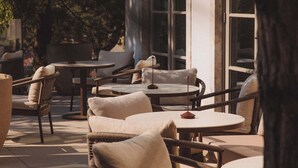 An outdoor seating area with wicker chairs and tables, a building with large windows, and a tree in the foreground. - Villa de Duinen (Noordwijk)