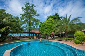 Outdoor pool, open 8:00 AM to 8:00 PM, sun loungers