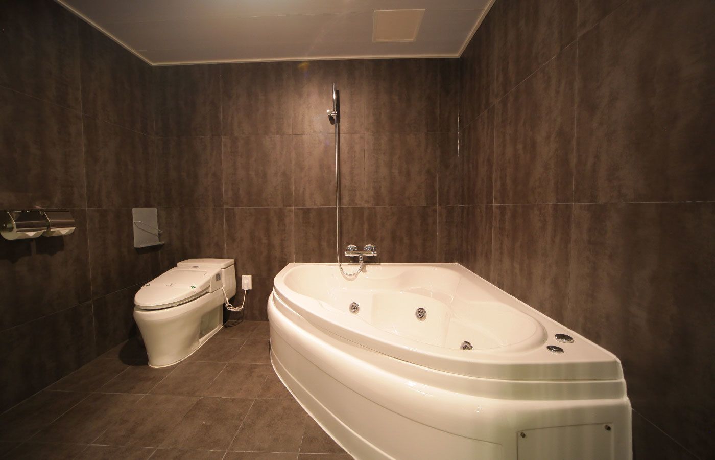 A modern bathroom with a freestanding bathtub, a toilet, and a towel rack.