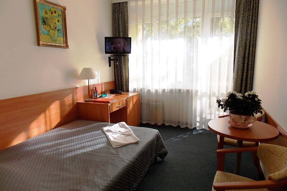 Habitación de hotel con una cama, un escritorio con computadora, una silla, una mesita con una planta y un cuadro en la pared.