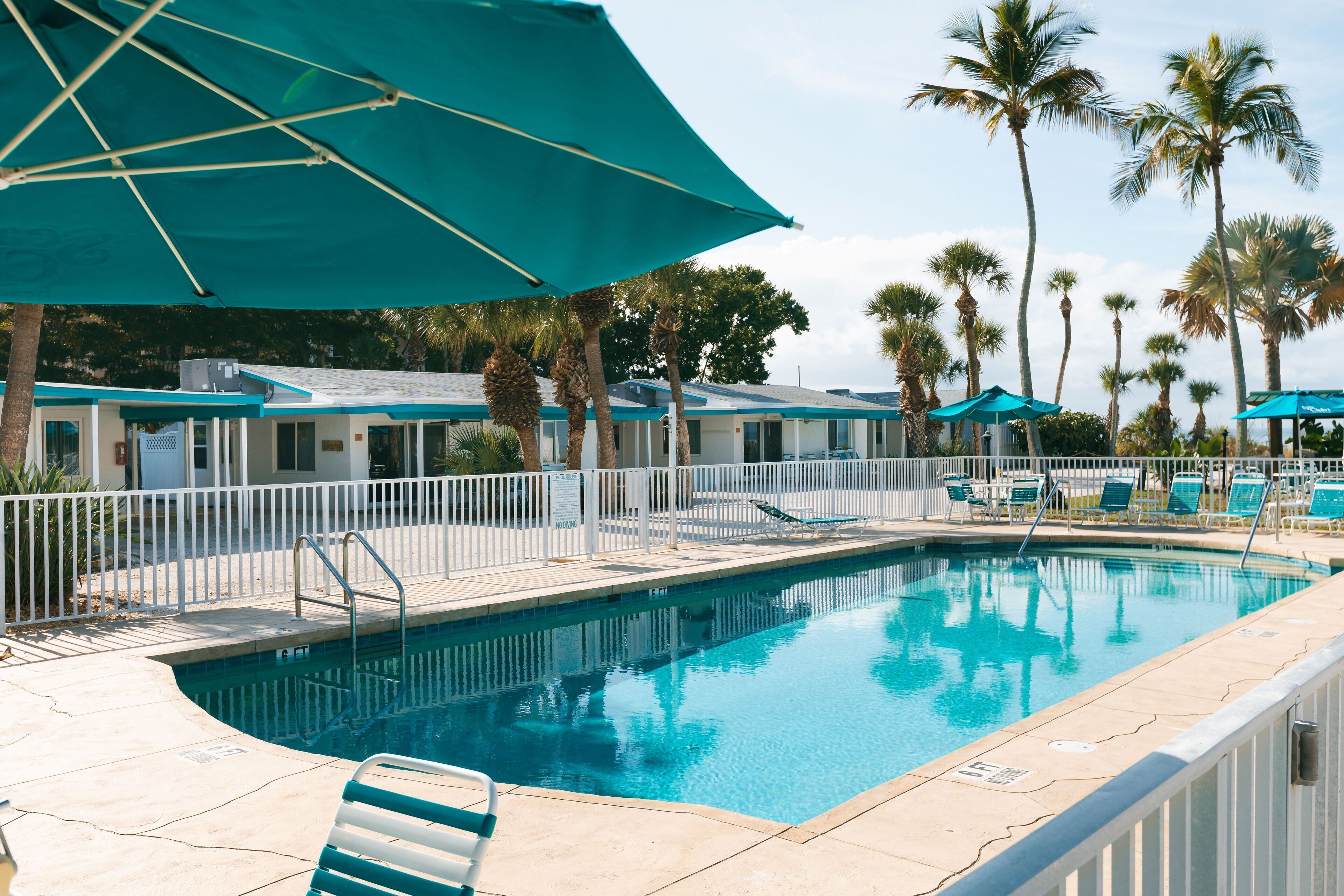 A swimming pool with a white fence, palm trees, and a building with a blue roof in the background.