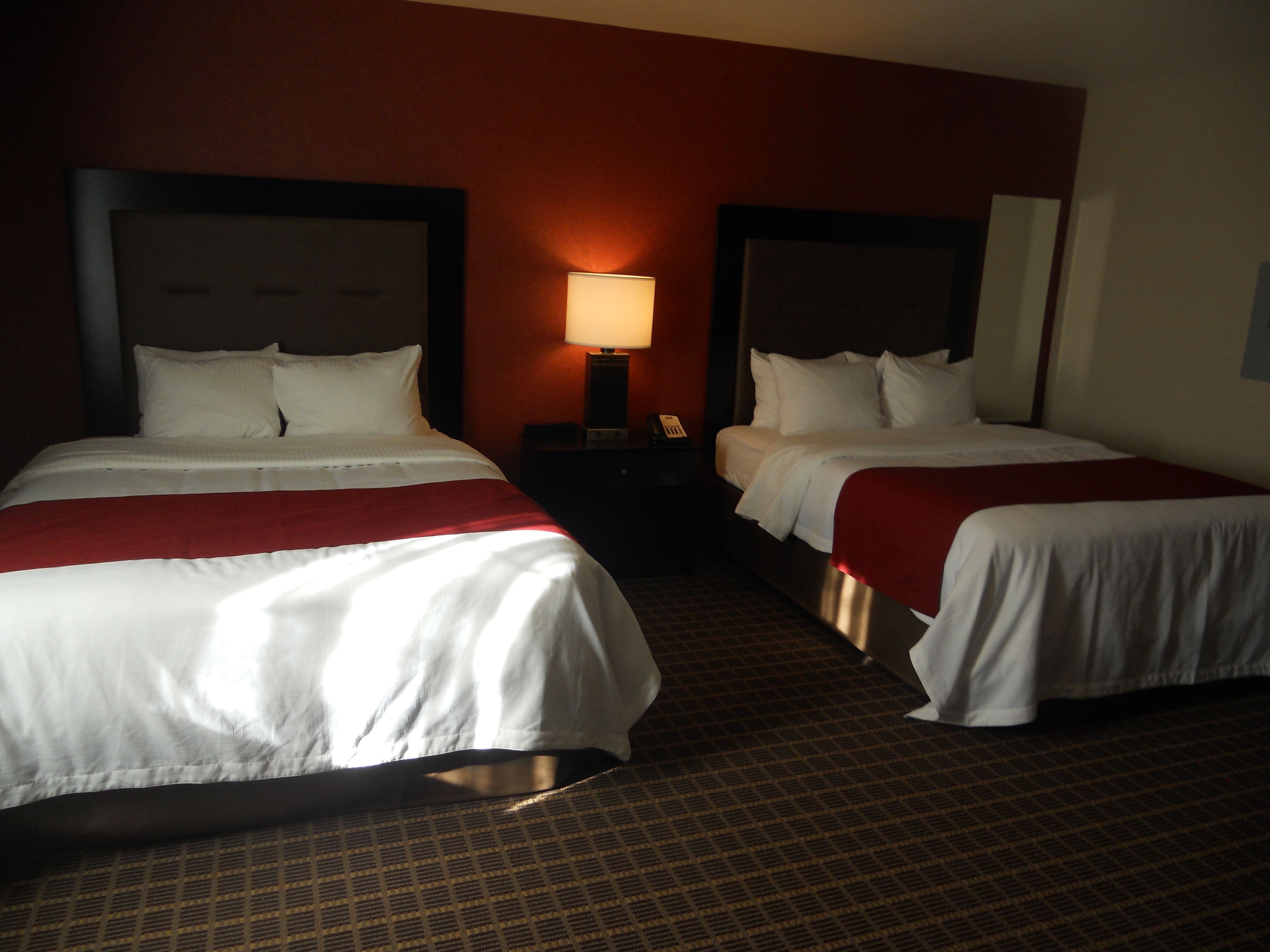Ein Hotelzimmer mit zwei Betten, einem Nachttisch mit Lampe und einem gemusterten Teppich.