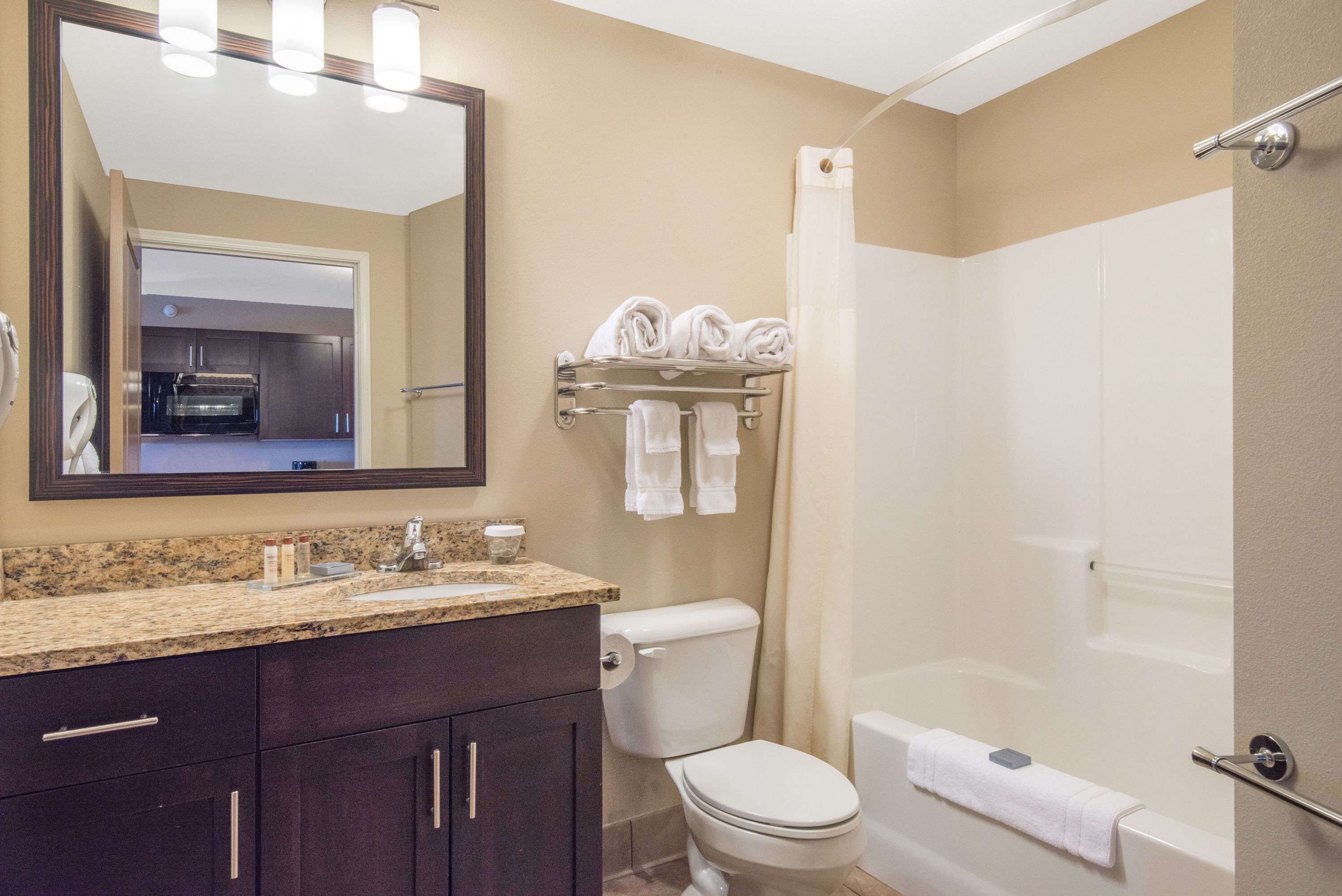 combined shower/bathtub, free toiletries, hair dryer, towels