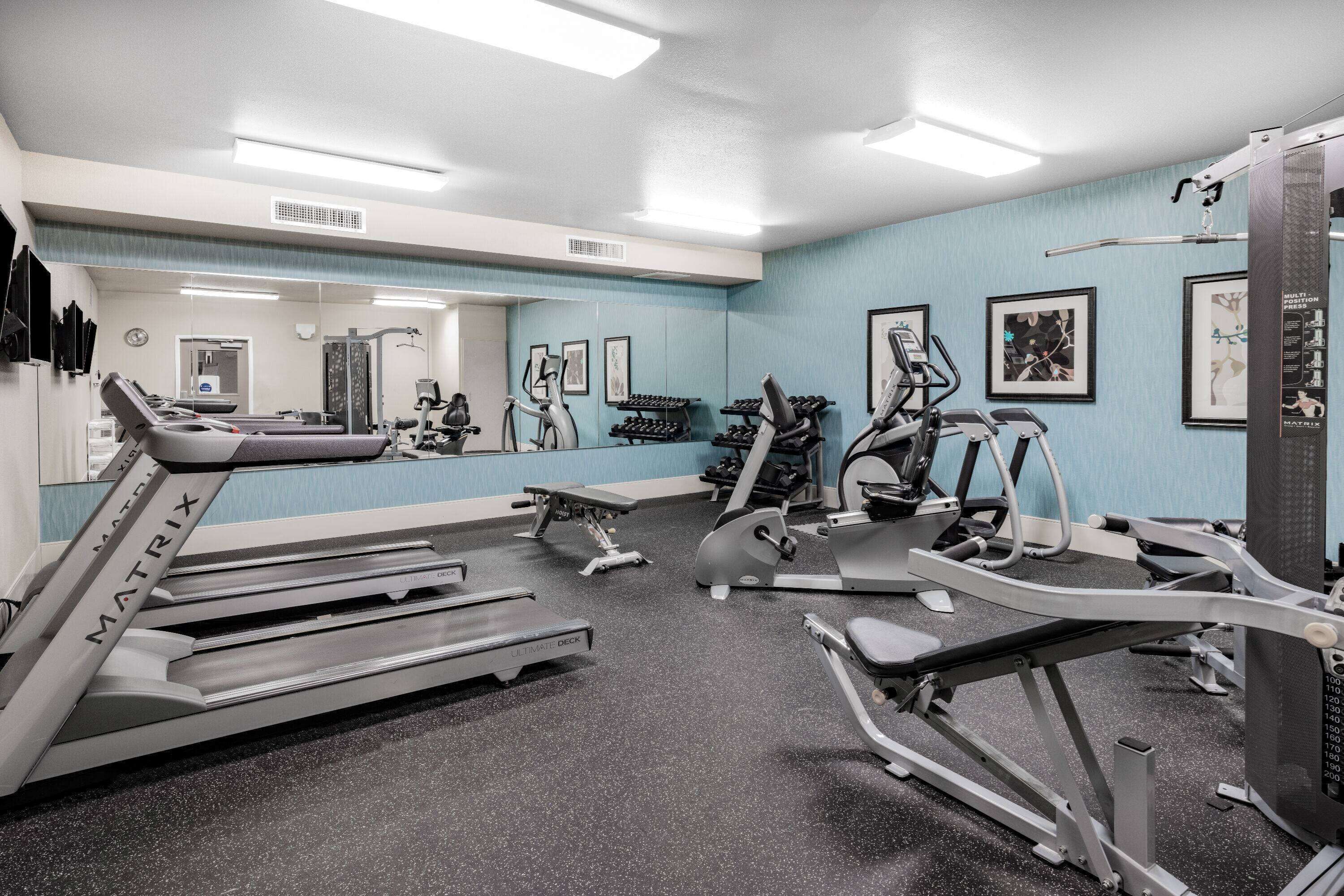 Une salle de sport équipée de tapis de course, de vélos elliptiques et de bancs de musculation.