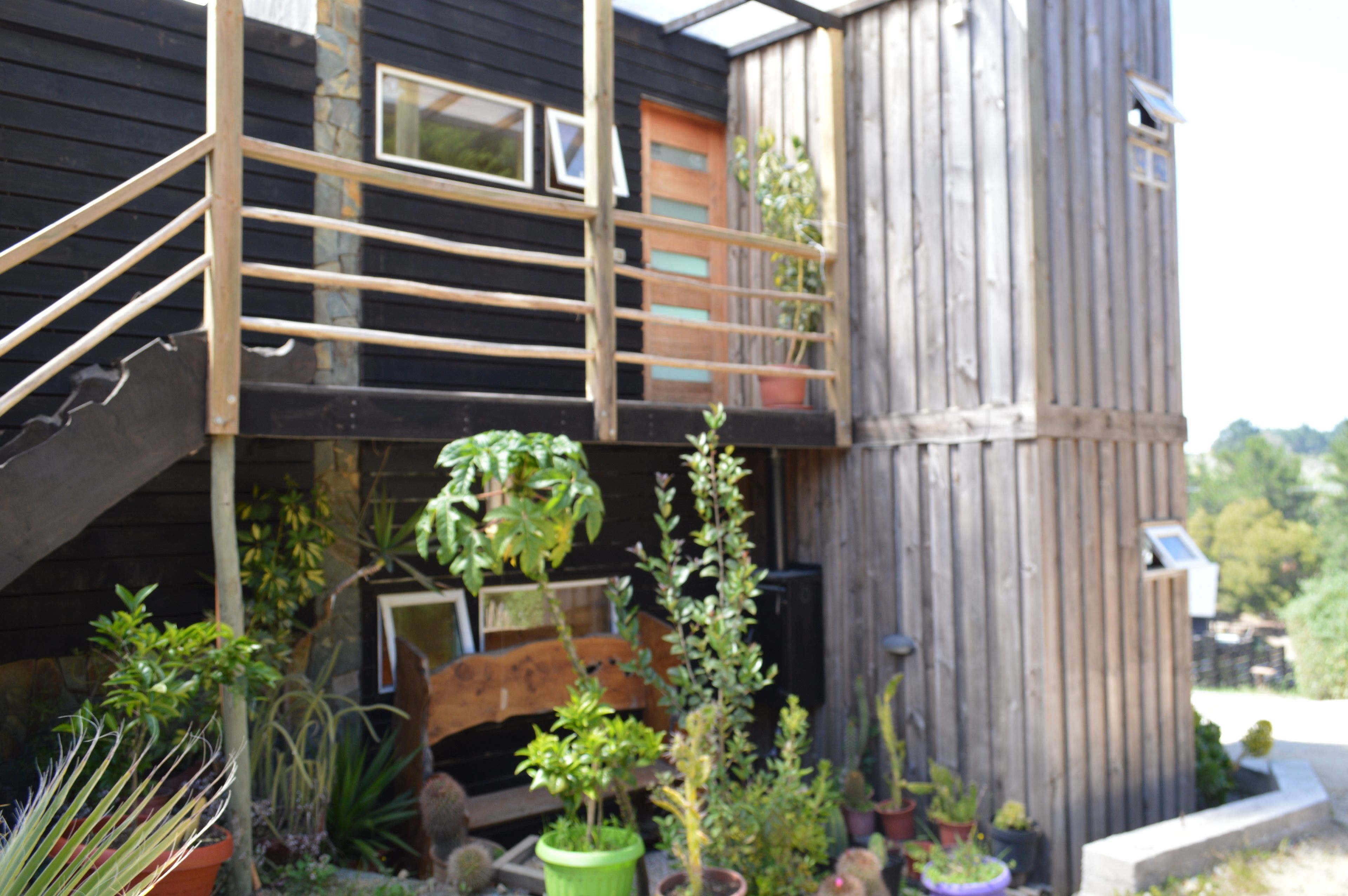 Una cabaña de madera con una escalera de madera que lleva a un balcón, rodeada de plantas en macetas.