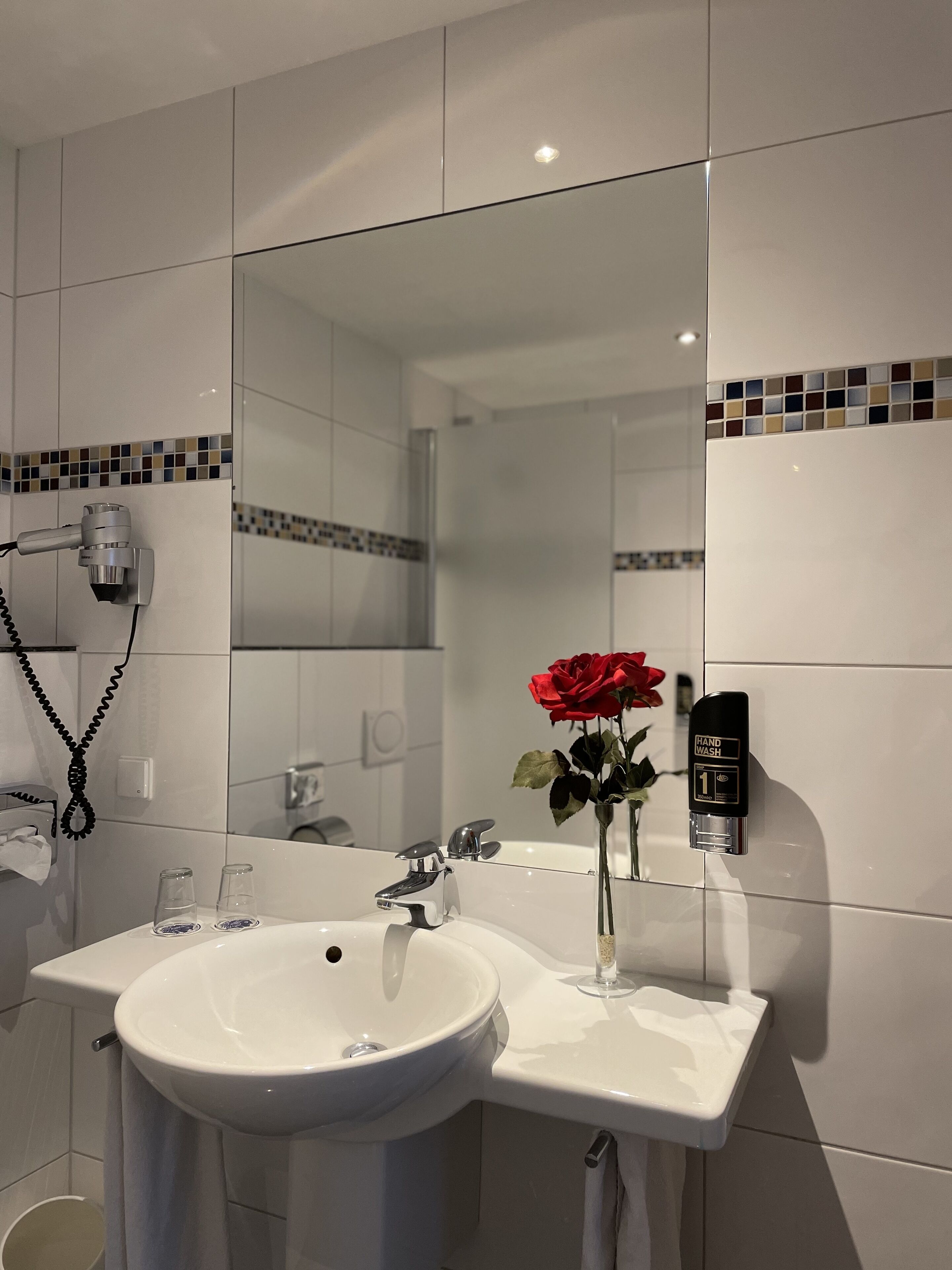 classic double room (with connecting door) | bathroom | hair dryer, towels, soap, shampoo