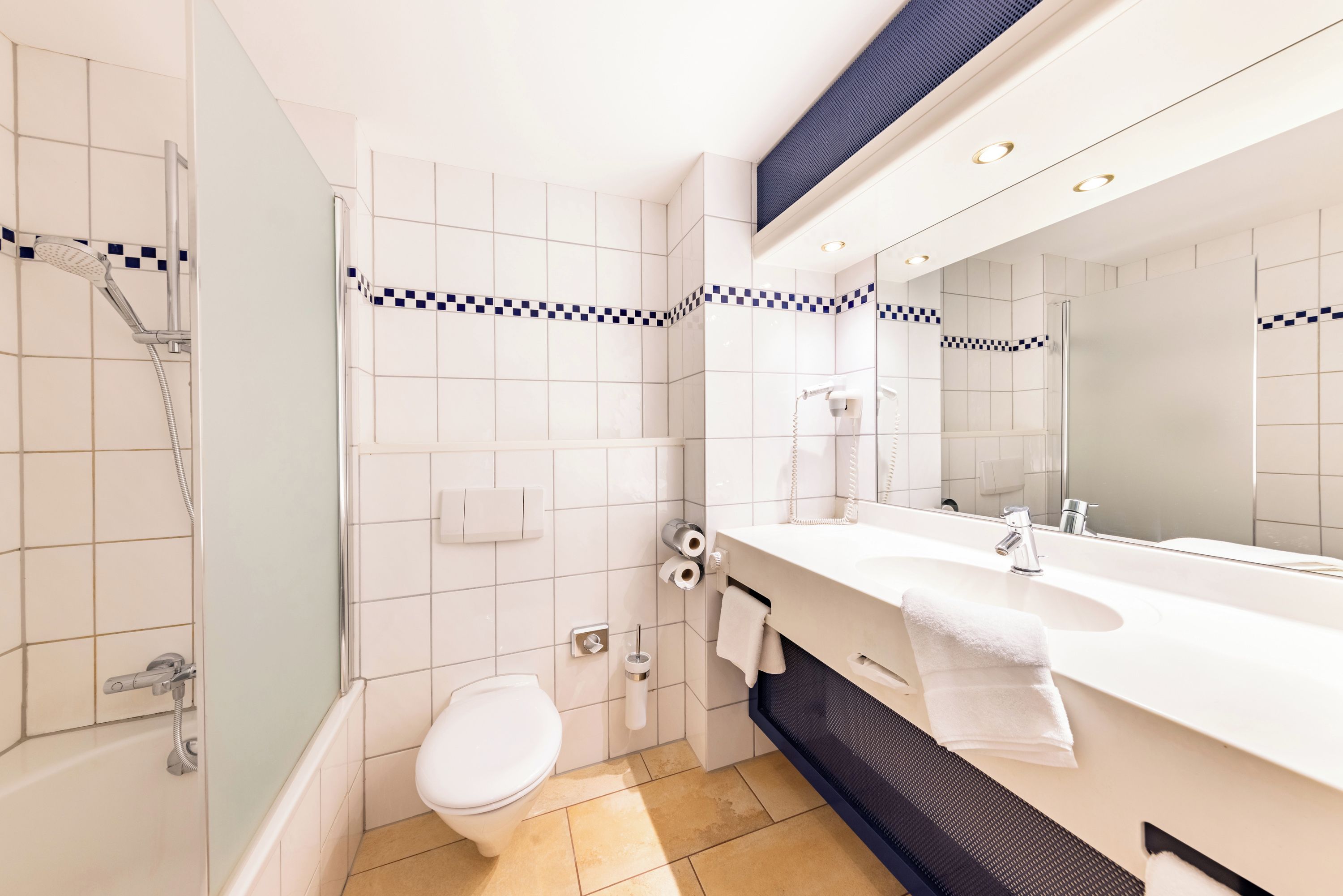Une salle de bain moderne équipée d’une douche, de toilettes et d’un lavabo.