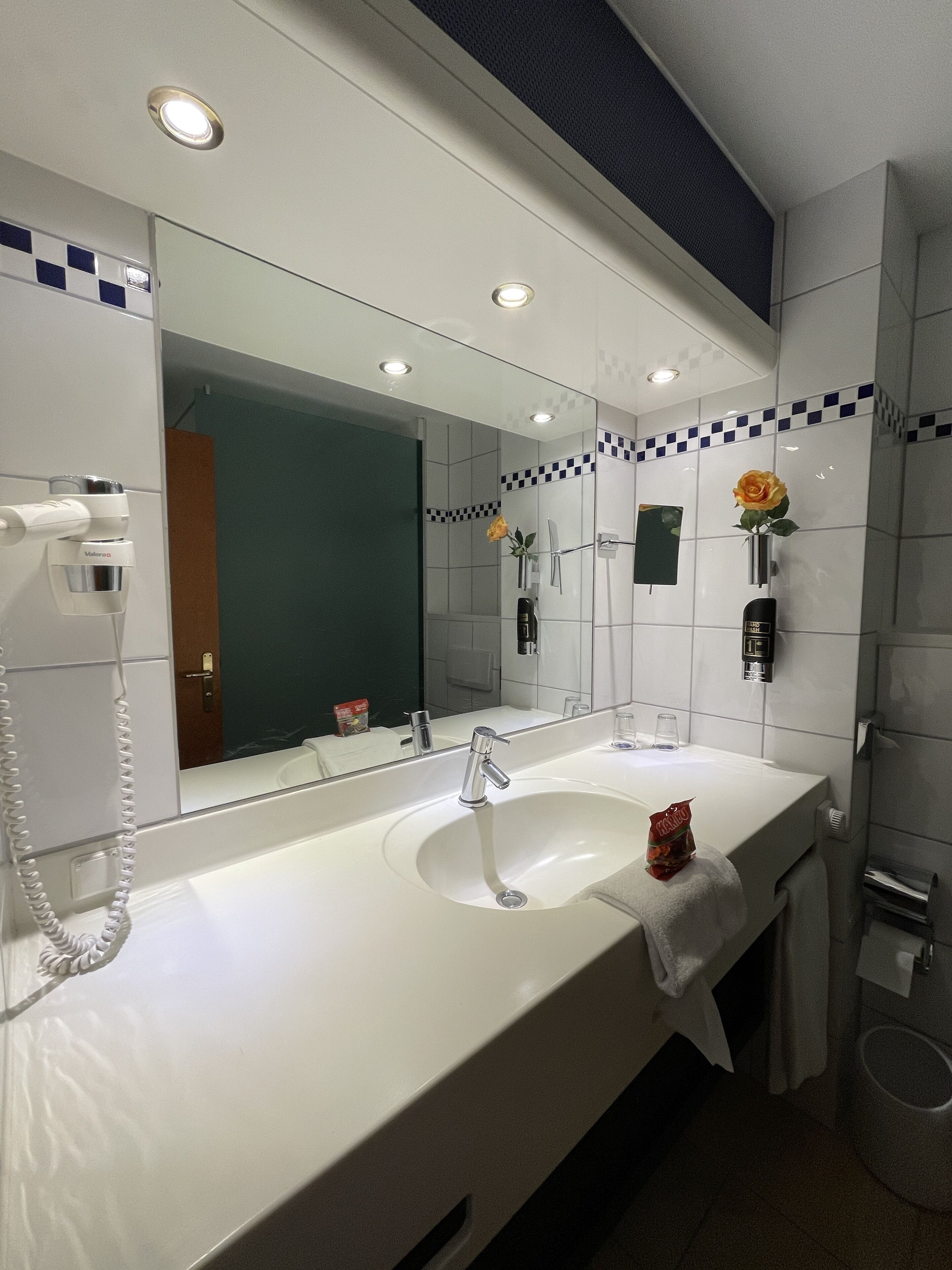 hair dryer, towels, soap, shampoo