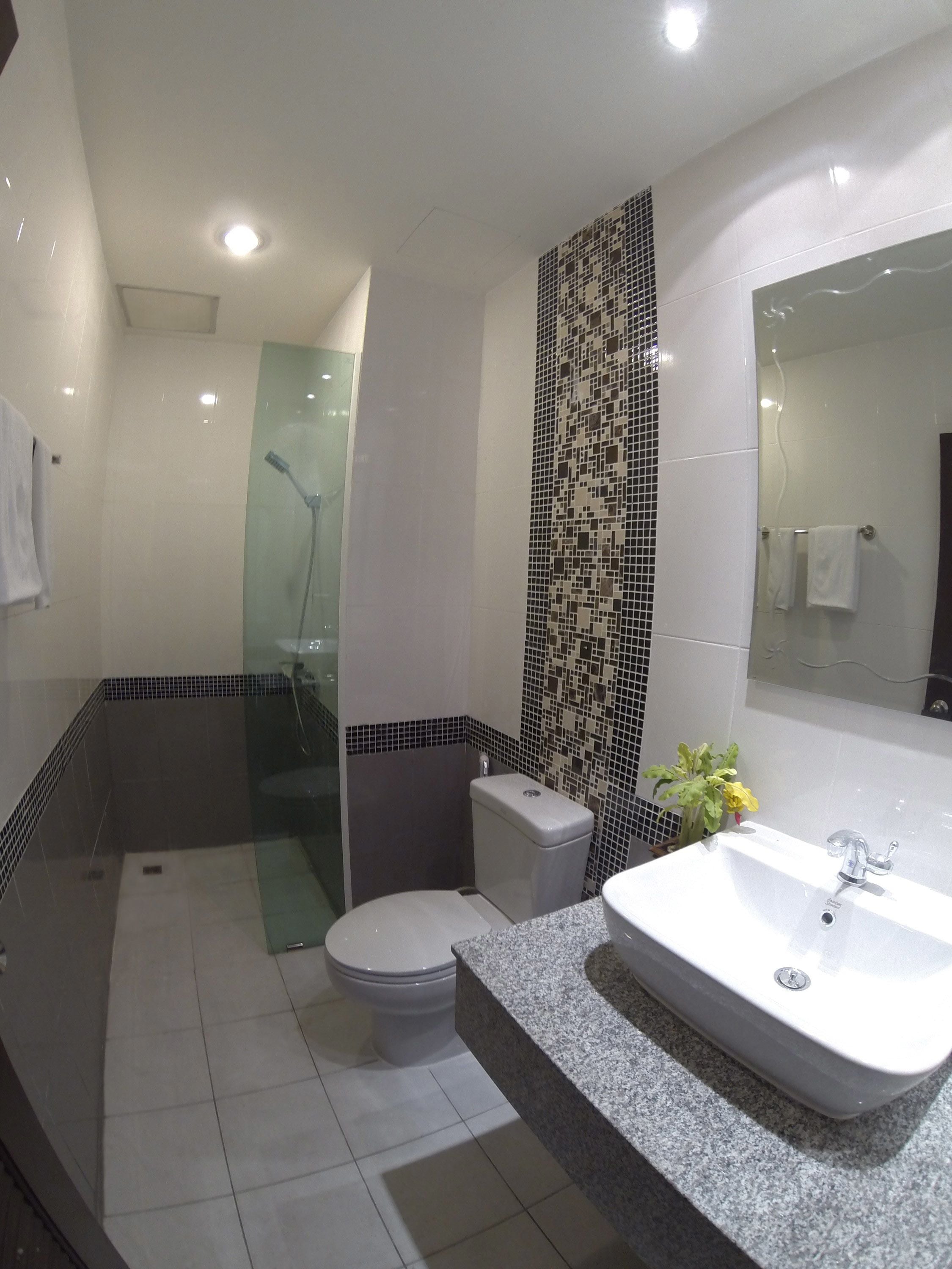 deluxe double room | bathroom | shower, free toiletries, hair dryer, towels